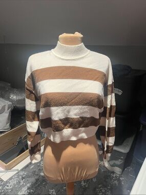 H&M Cropped Turtleneck Sweater in White and Brown Stripes